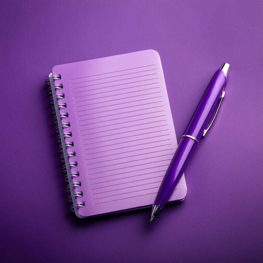 Content writing represented by a purple notebook and pen