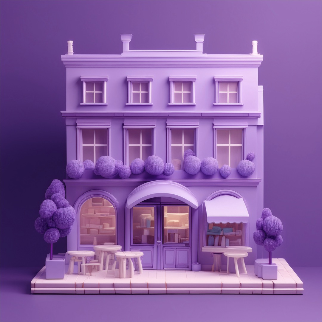 Small businesses represented by a model of a shop against a purple background